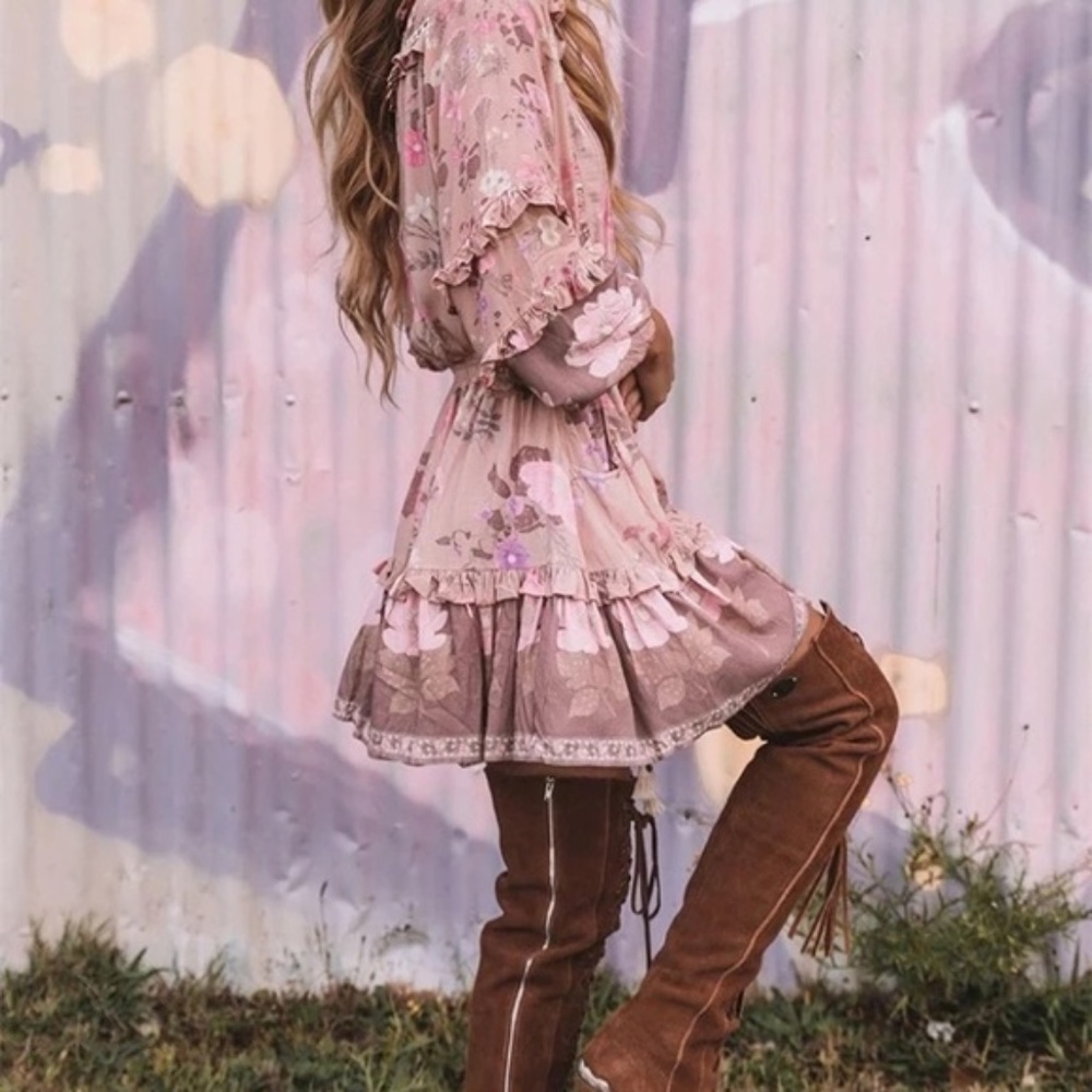 SOLD OUT Boho Gypsy Floral Long Sleeve Ruffle Mini Dress - Picture 3 of 9